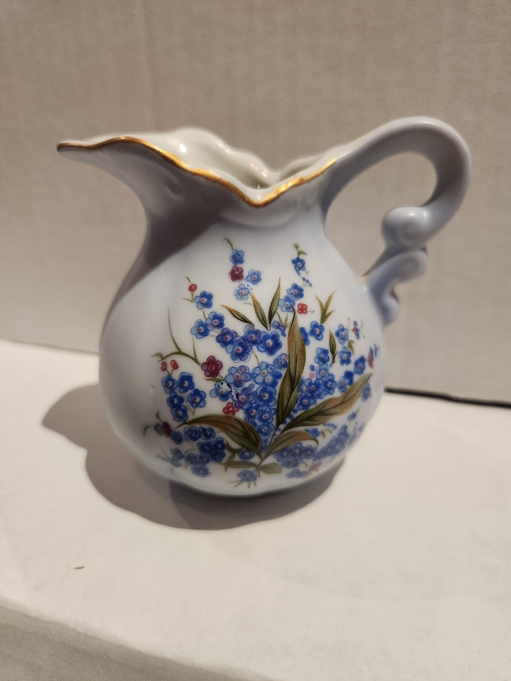 Vtg Lefton Light Blue Floral Pitcher Bud Vase Handpainted Lefton Small Gold Trim